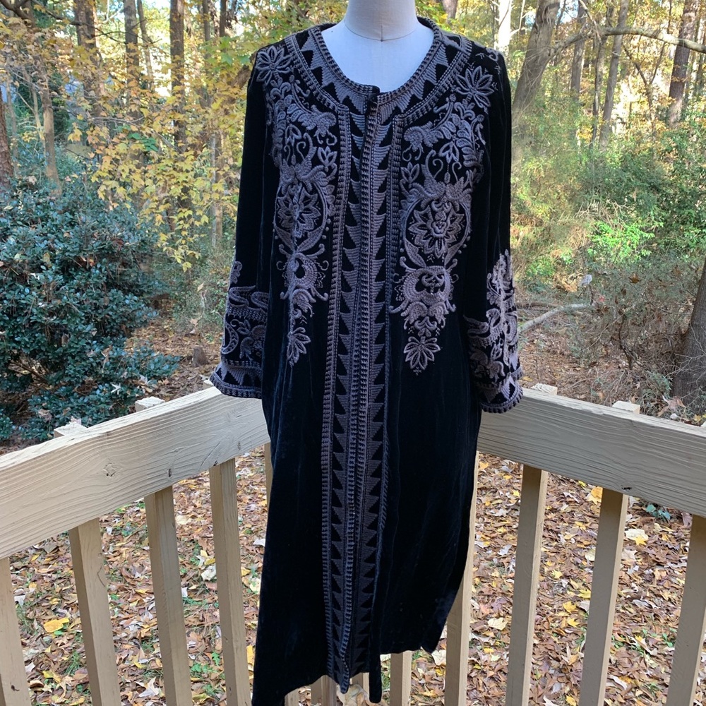 Johnny Was Black Velvet Open Front Coat with Taupe Floral Embroidery